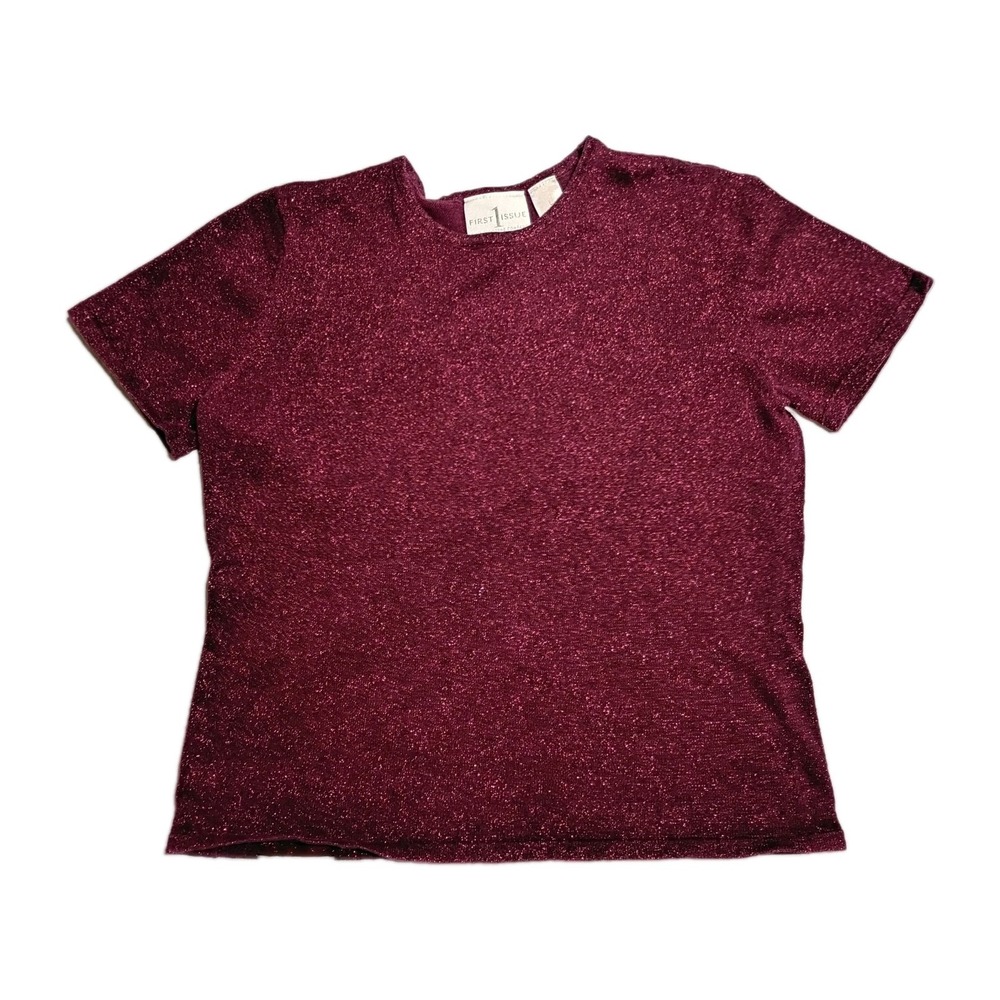 1st Issue Liz Claiborne Top Womens L Metallic Burgundy Short Sleeve Fall Sparkle